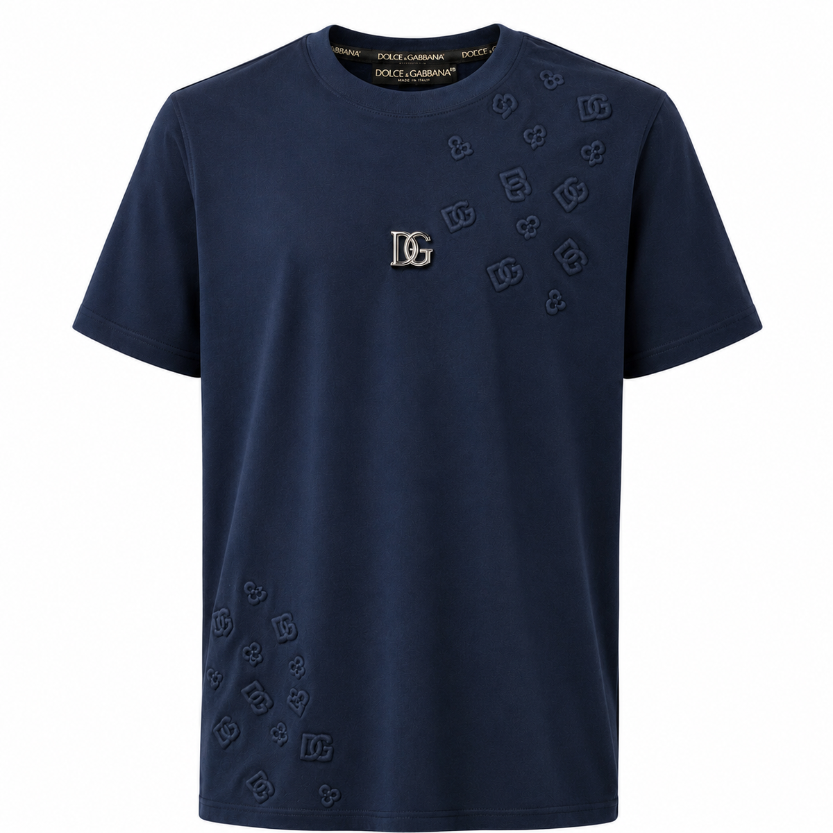 Dolce & Gabbana Navy Blue Cotton T-Shirt with Embossed DG Details
