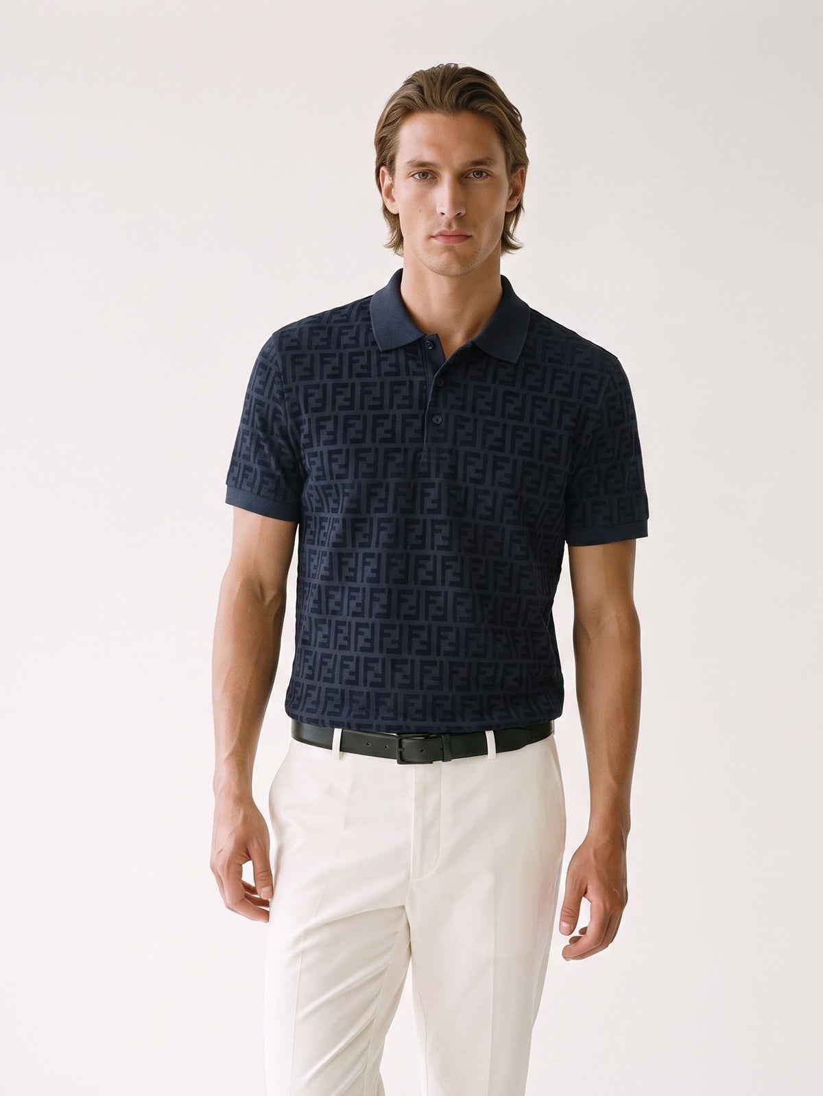 MODEL·FENDI — FF Design Cotton Polo T-shirt Dark Blue