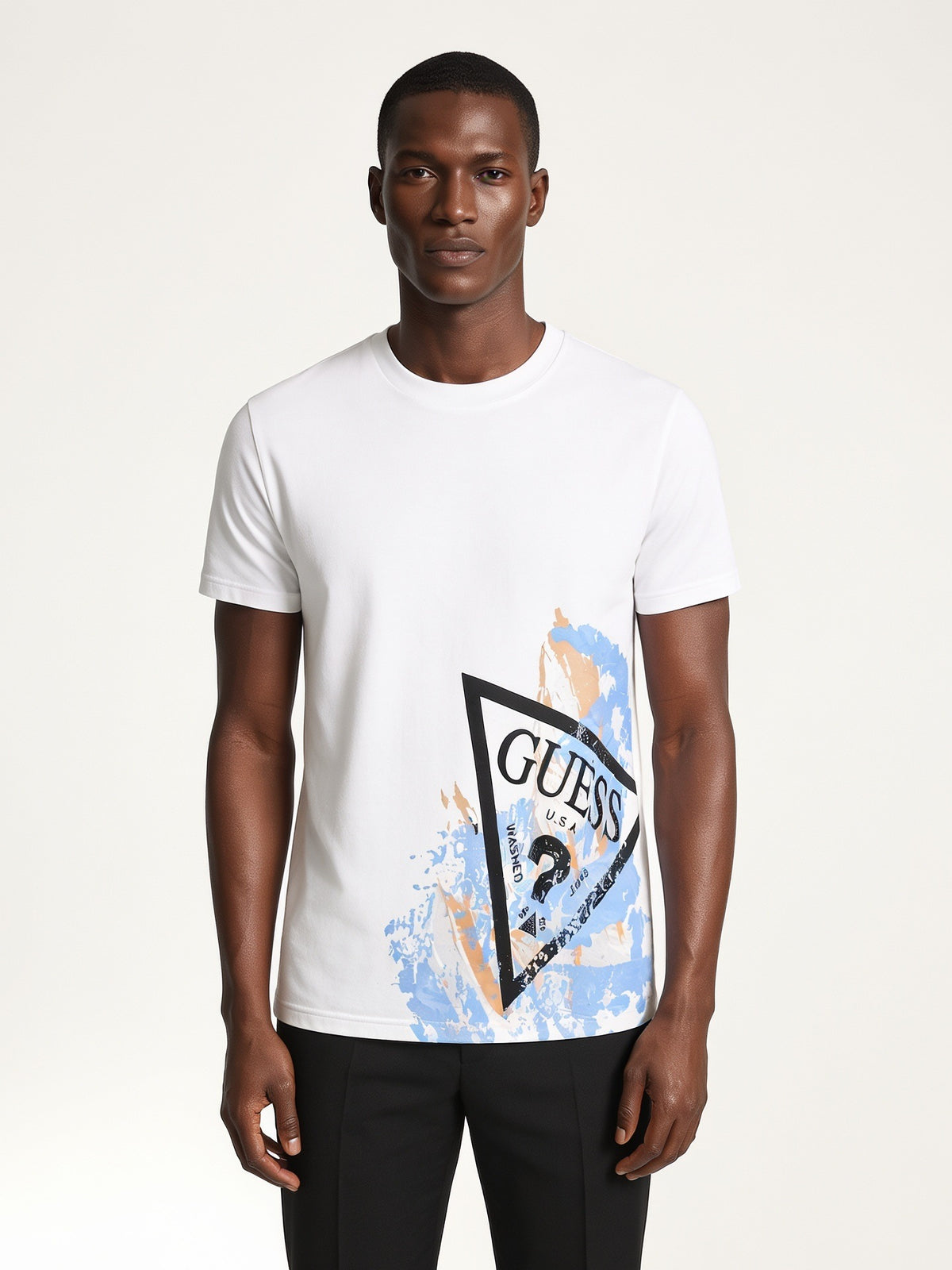 MODEL·GUESS — Paint Splash Triangle Logo T-Shirt — White