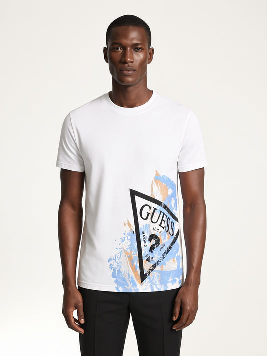 MODEL·GUESS — Paint Splash Triangle Logo T-Shirt — White