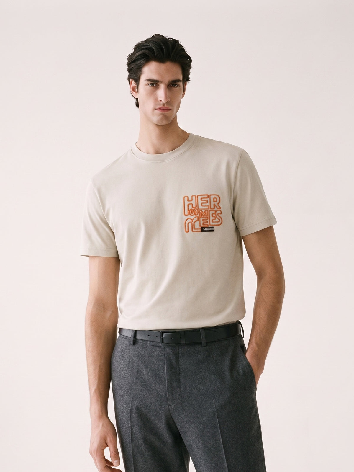 MODEL·HERMÈS — Bold Logo T-Shirt — Beige & Orange Edition