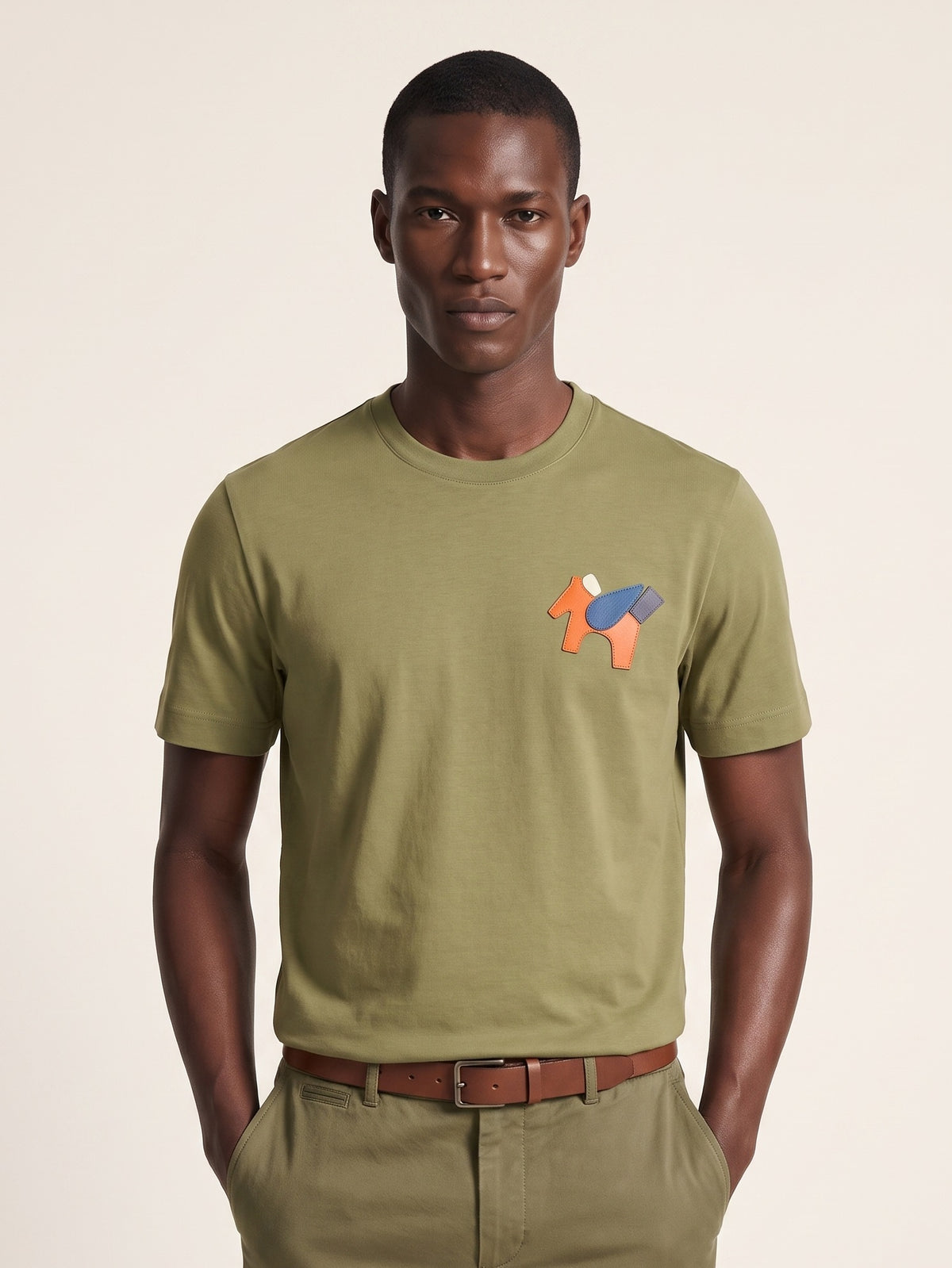 MODEL·HERMÈS — Leather detail t-shirt Olive