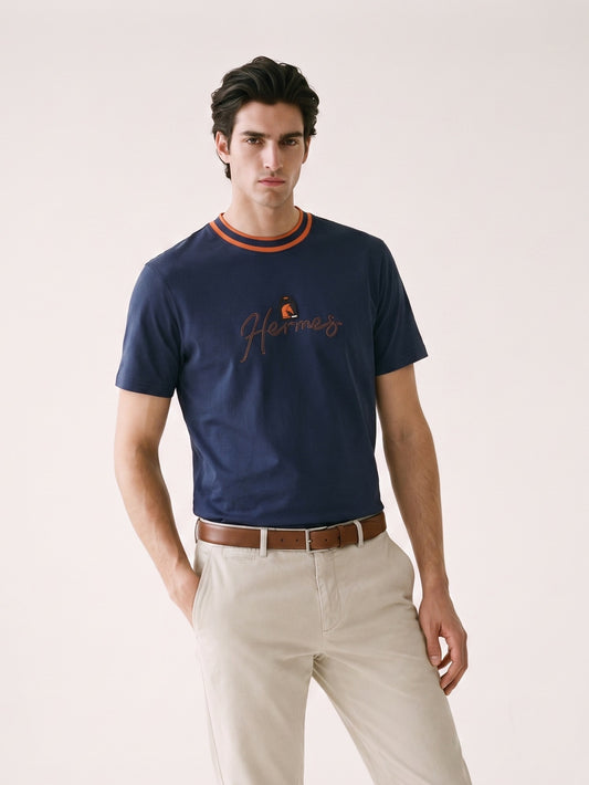 MODEL·HERMÈS — Navy Blue Cotton T-Shirt with Orange Trim