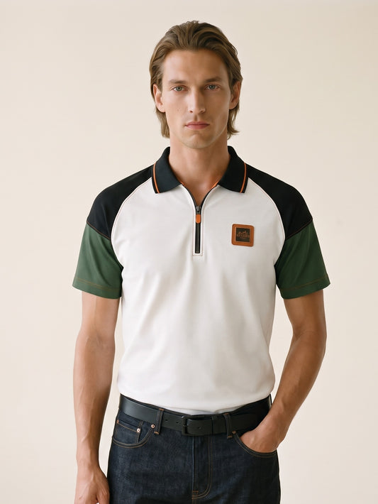 MODEL·HERMÈS — Contrast Zip Polo T-Shirt — White, Black & Olive Edition