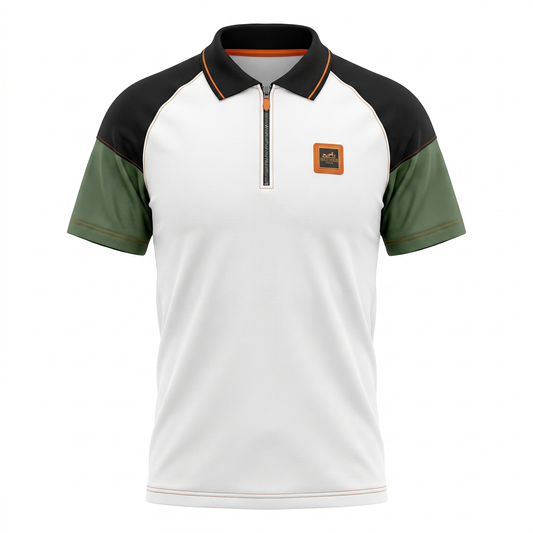 Hermes Contrast Zip Polo T-Shirt – White, Black & Olive Edition