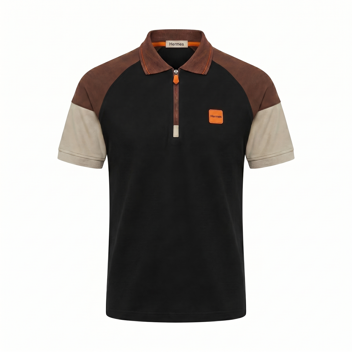 Hermes Style Contrast Zip Polo – Black & Brown Edition
