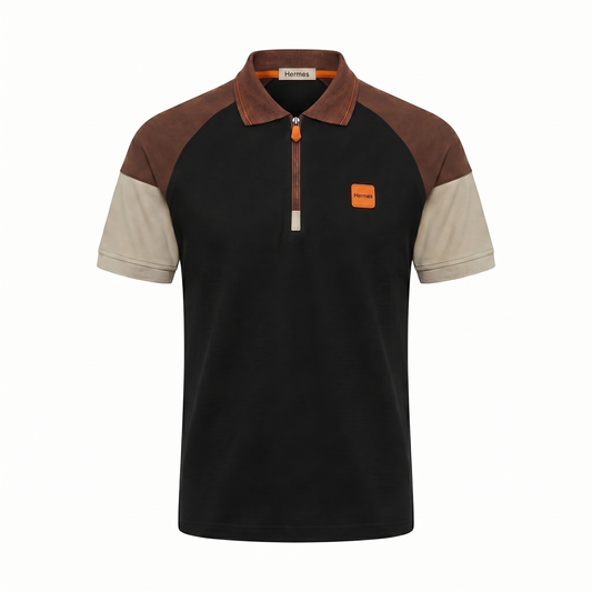 Hermes Style Contrast Zip Polo – Black & Brown Edition
