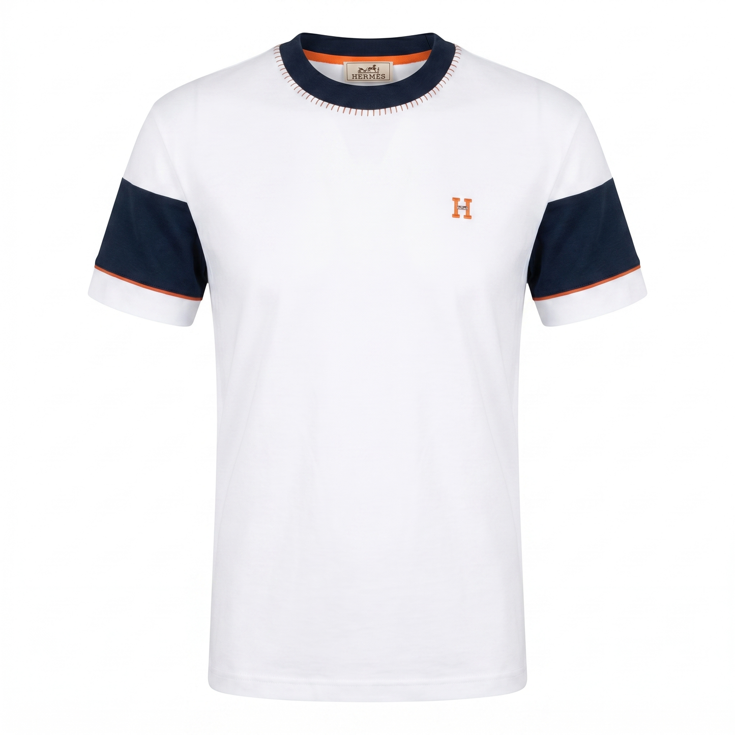 Hermès Contrast Sleeve Signature T-Shirt – White/Navy