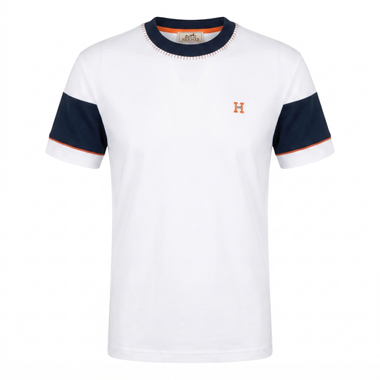 Hermès Contrast Sleeve Signature T-Shirt – White/Navy