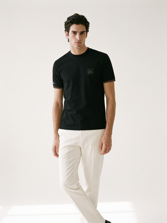 LORO PIANA — Black Cotton T-Shirt with Logo Detail