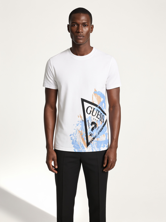 GUESS — Paint Splash Triangle Logo T-Shirt — White