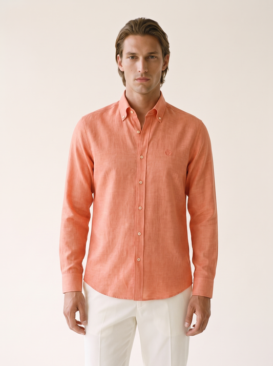 LORO PIANA — Coral Orange Linen-Blend Long-Sleeve Shirt