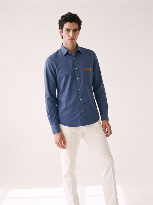ZEGNA — Heritage Blue Leather-Trim Shirt