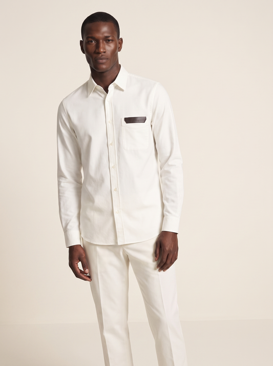 ZEGNA — Ivory White Leather-Trim Shirt