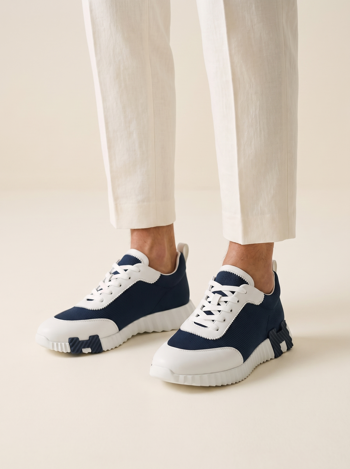 MODEL·HERMÈS — Knit Chunky Sole Sneakers Navy White