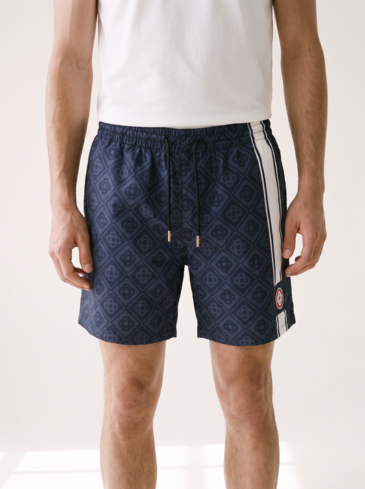 MODEL·CASABLANCA — Monogram Stripe Swim Shorts - Navy