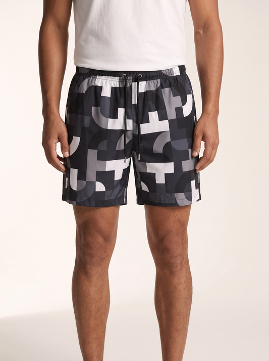 MODEL·HERMÈS — Geometric Print Swim Shorts - Black/Grey
