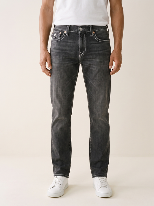 MODEL·TRUE RELIGION — Vintage Grey Contrast Stitch Slim Jeans