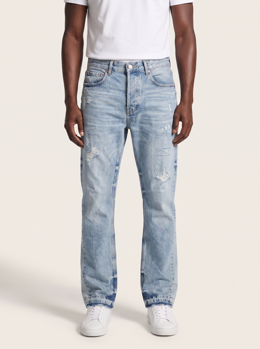 MODEL·PURPLE BRAND — Light Vintage Blue Distressed Bootcut Jeans