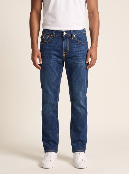 MODEL·TRUE RELIGION — Signature Yellow Stitch Denim