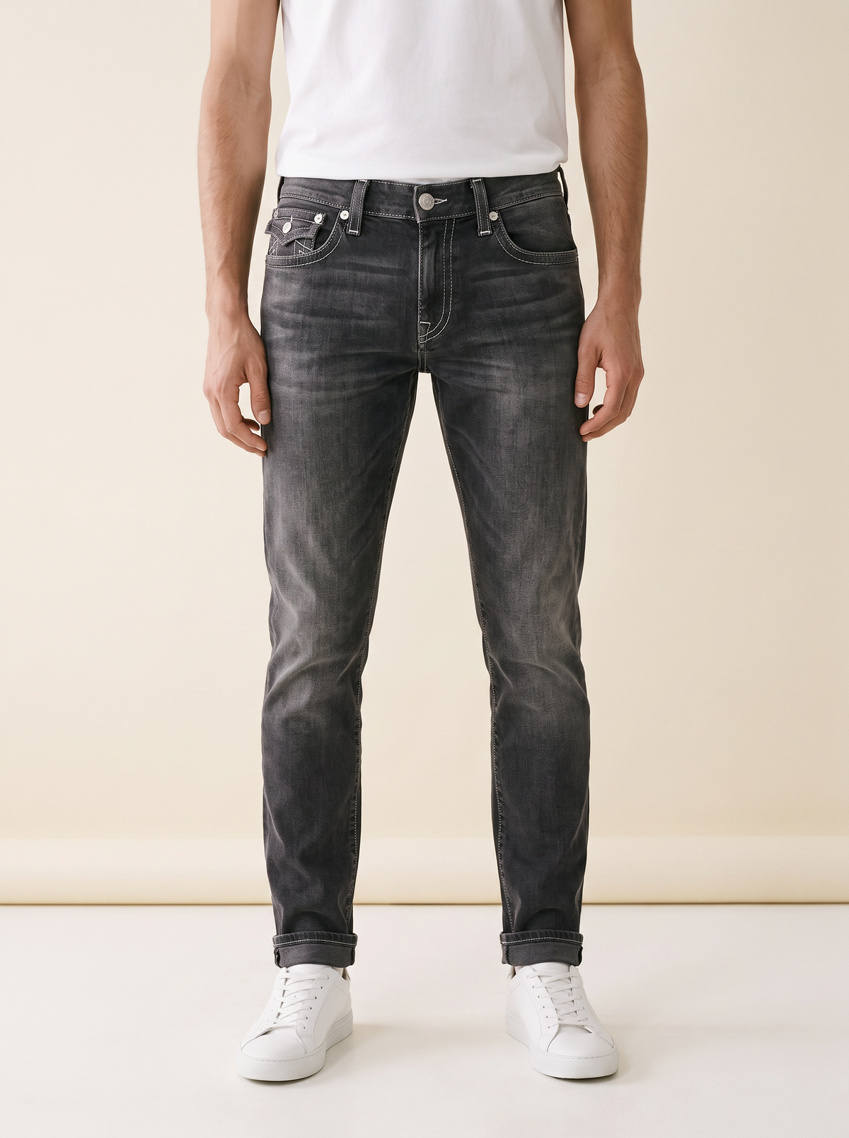 MODEL·TRUE RELIGION — Washed Black Slim Fit Jeans