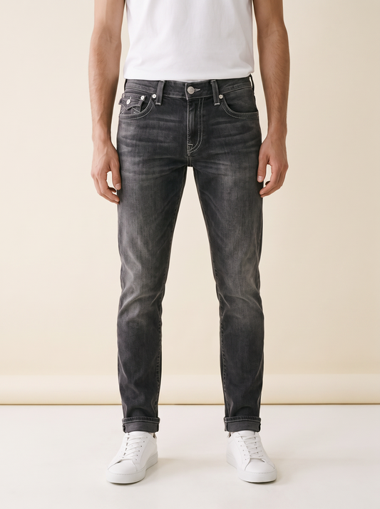 MODEL·TRUE RELIGION — Washed Black Slim Fit Jeans