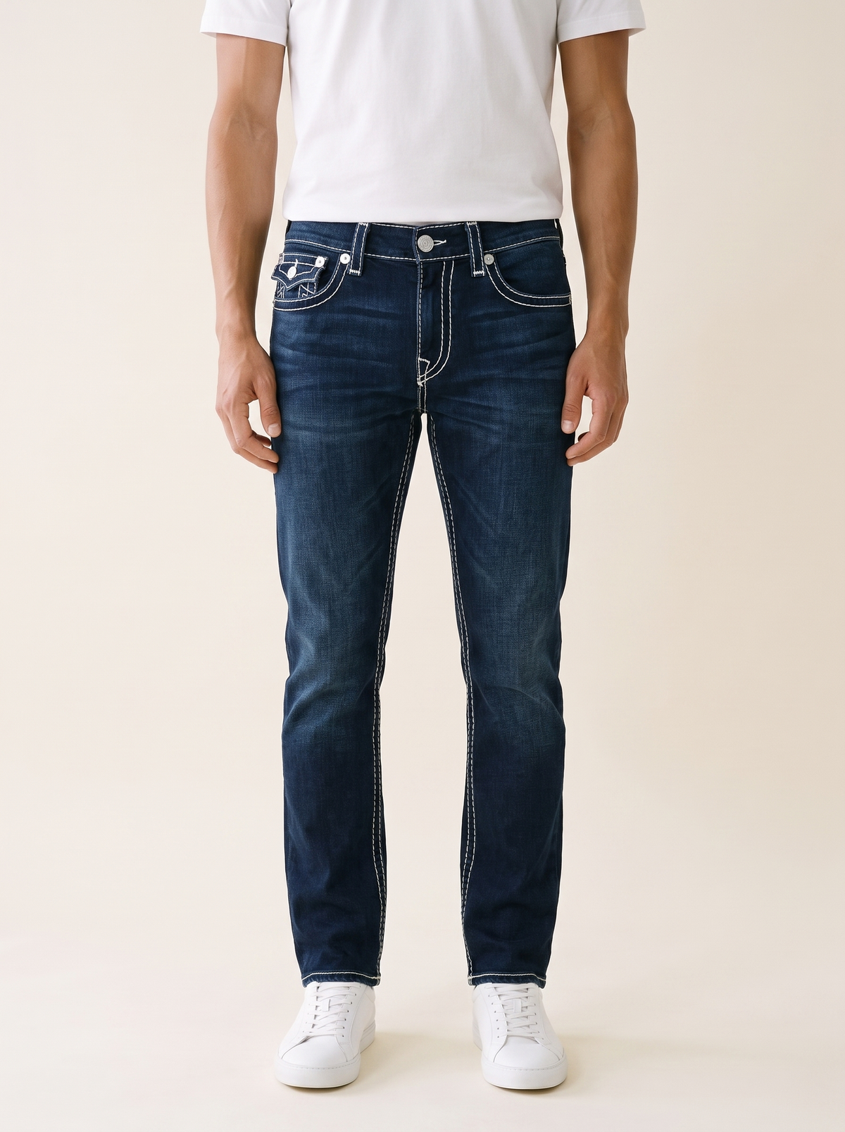 MODEL·TRUE RELIGION — Dark Blue Contrast Stitch Slim Jeans