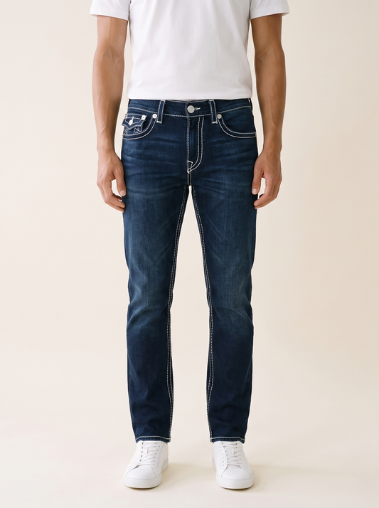 MODEL·TRUE RELIGION — Dark Blue Contrast Stitch Slim Jeans