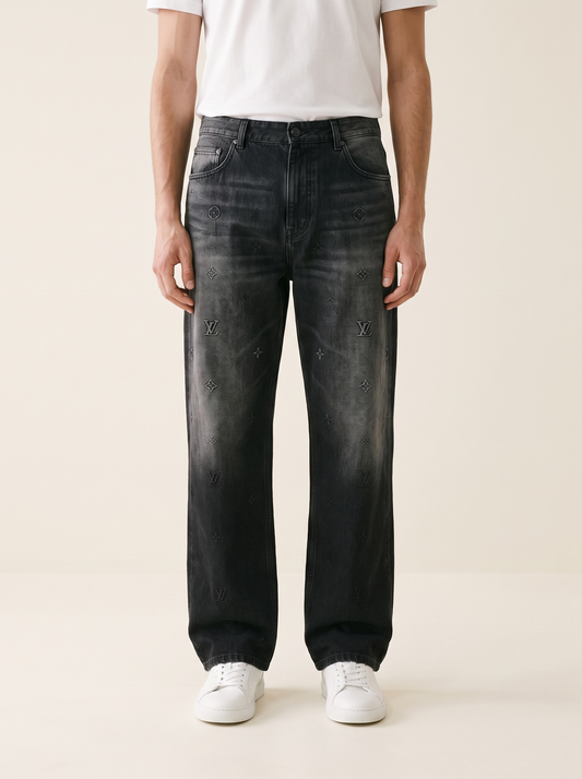 MODEL·LOUIS VUITTON — Monogram Embroidered Washed Wide Leg Jeans