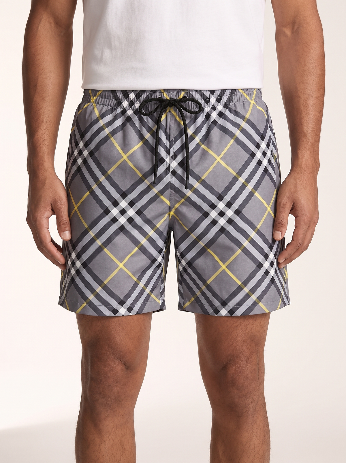 MODEL·BURBERRY — Iconic Check Pattern Swim Shorts — Grey
