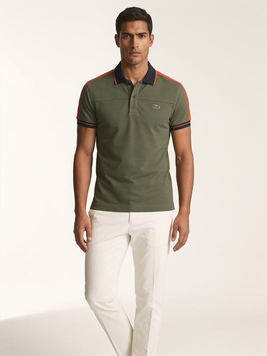 MODEL·LACOSTE — Contrast Stripe Cotton Polo — Olive Green