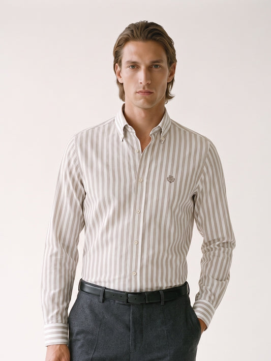 MODEL·LORO PIANA — Beige & White Striped Long-Sleeve Shirt