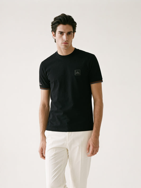 MODEL·LORO PIANA — Black Cotton T-Shirt with Logo Detail