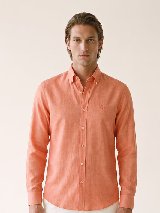 MODEL·LORO PIANA — Coral Orange Linen-Blend Long-Sleeve Shirt