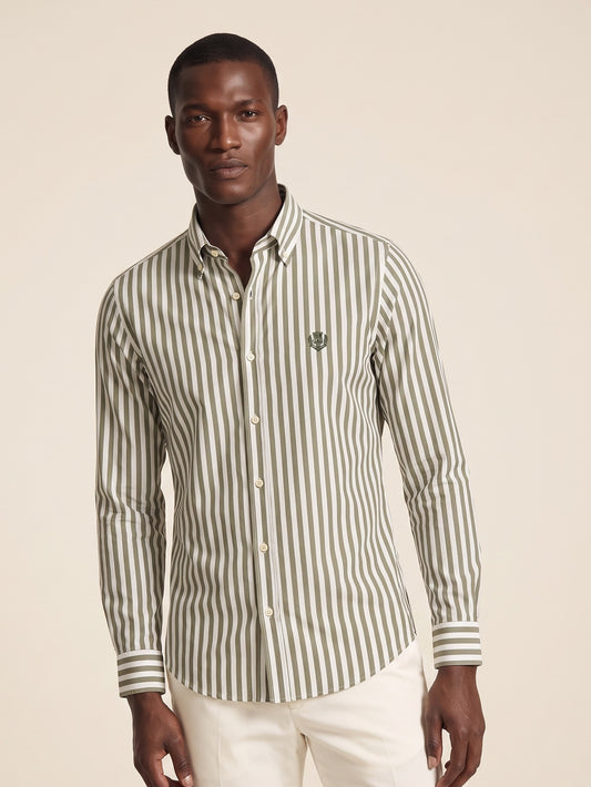 MODEL·LORO PIANA — Green & White Striped Long-Sleeve Shirt