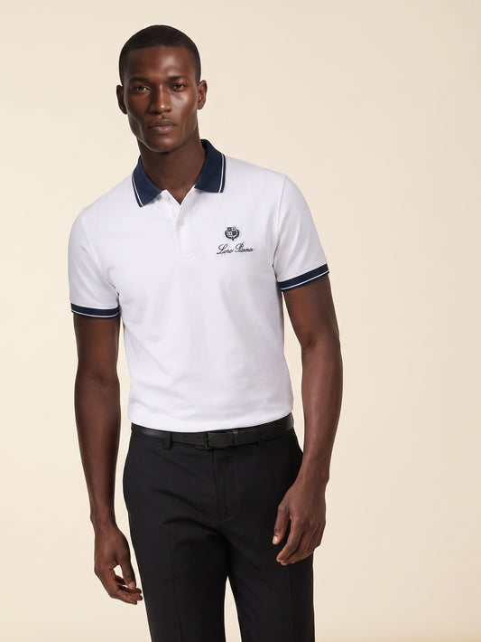 MODEL·LORO PIANA — Classic Polo T-Shirt — White & Navy Signature