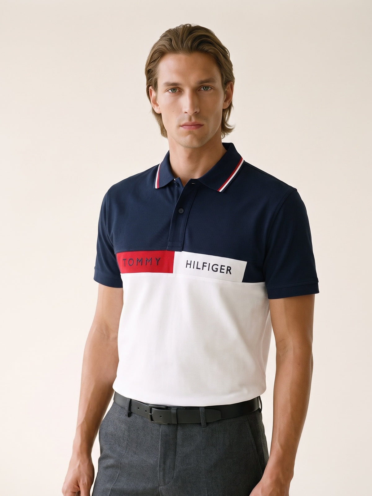MODEL·TOMMY HILFIGER — ADAPTIVE MENS SLIM FIT COLORBLOCK POLO
