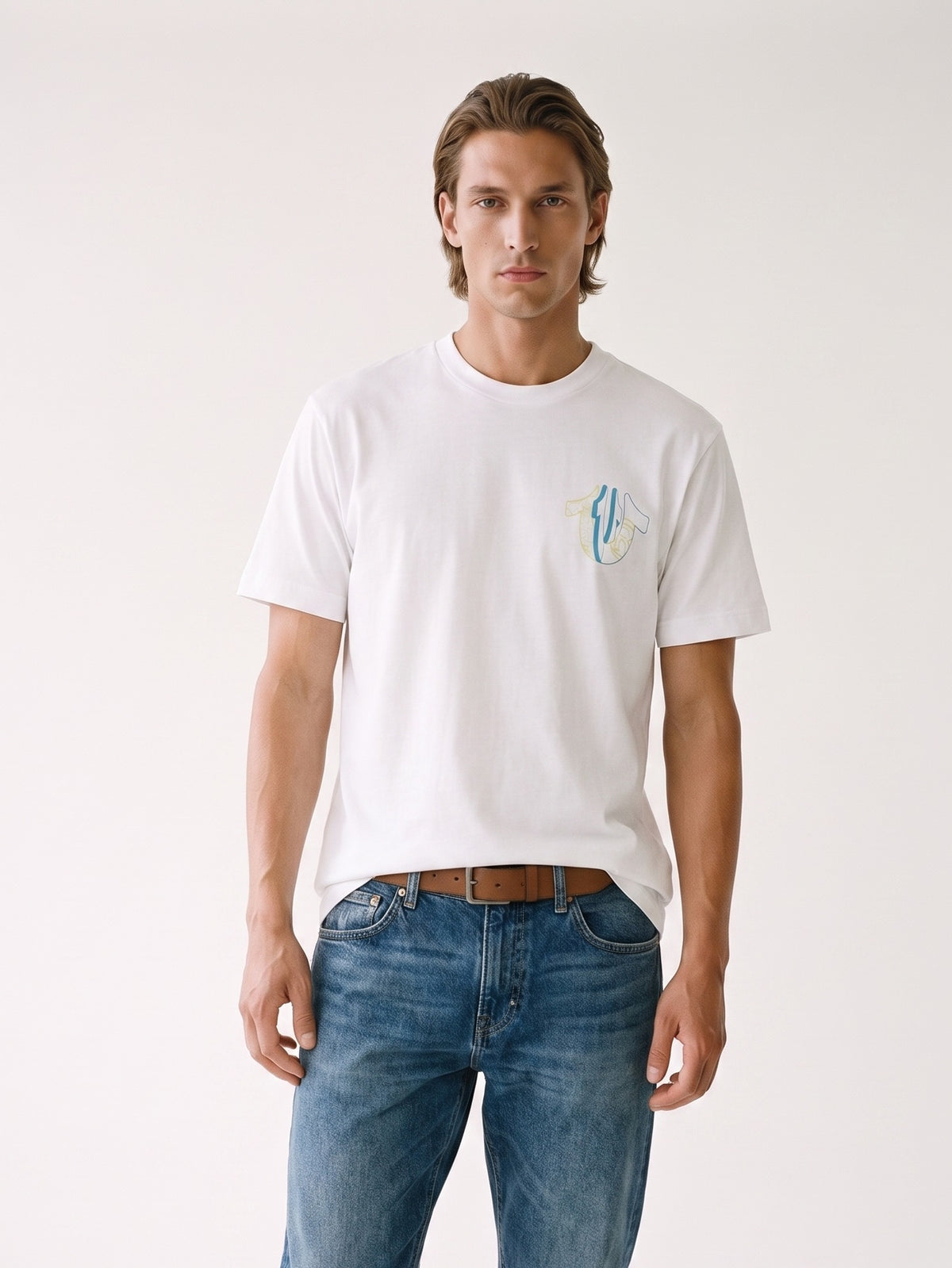 MODEL·TRUE RELIGION — Architectural Graphic White T-Shirt