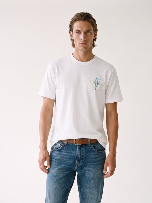 MODEL·TRUE RELIGION — Architectural Graphic White T-Shirt