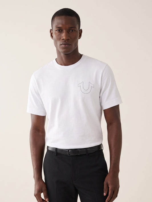 MODEL·TRUE RELIGION — Outline Logo Graphic White T-Shirt