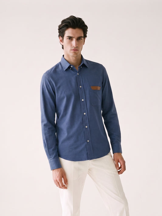 MODEL·ZEGNA — Heritage Blue Leather-Trim Shirt